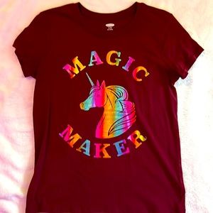 Old Navy Magic Maker t-shirt, maroon with rainbow lettering and unicorn
